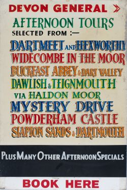 Bus sign DEVON GENERAL AFTERNOON TOURS DARTMOUTH, WIDECOMBE IN THE MOOR, DAWLISH, TEIGNMOUTH etc.
