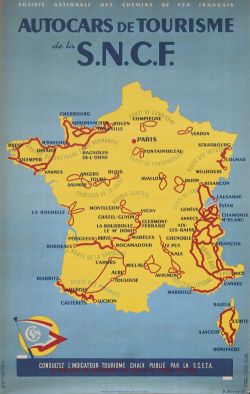Poster SNCF AUTOCARS DE TOURISME by P.Bouvry. Double Royal 25in x 40in. Published by SNCF in 1947.
