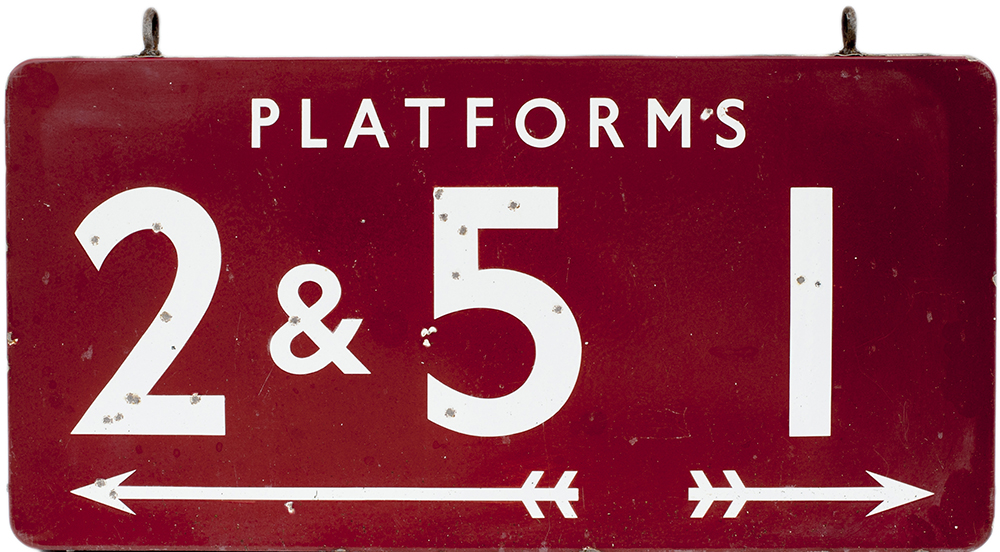 BR(M) FF double sided enamel platform hanging sign; one side PLATFORM 2 & 5 1 and the other WAY OUT.