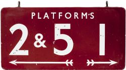 BR(M) FF double sided enamel platform hanging sign; one side PLATFORM 2 & 5 1 and the other WAY OUT.