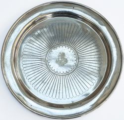 Great Western Railway Hotels silverplate circular tray marked on the face with full GWR COA and base