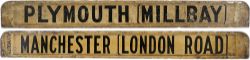 GWR/BR-W wooden carriage board PLYMOUTH[MILLBAY] - MANCHESTER [LONDON ROAD] painted black on white