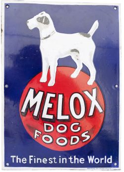 Advertising semi pictorial enamel sign MELOX DOG FOODS THE FINEST IN THE WORLD. In good condition