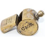 Callander and Oban Railway brass guards whistle, stamped on the side C&OR 3 and stamped on the lip