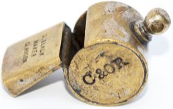 Callander and Oban Railway brass guards whistle, stamped on the side C&OR 3 and stamped on the lip