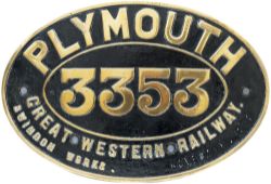 GWR combined nameplate and numberplate PLYMOUTH 3353 GREAT WESTERN RAILWAY SWINDON WORKS ex Dean