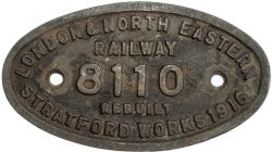 Worksplate LNER 9x5 LONDON & NORTH EASTERN RAILWAY 8110 REBUILT STRATFORD WORKS 1916 ex GER 0-4-4T