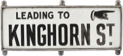Motoring road street sign LEADING TO KINGHORN ST with pointing hand. China glass with original