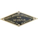 Worksplate NORTH BRITISH LOCOMOTIVE COMPANY GLASGOW No26208 1948 ex LNER B1 4-6-0 61307. Sheds