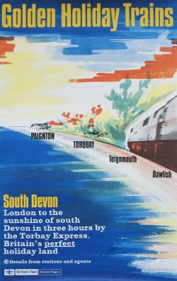 Poster GOLDEN HOLIDAY TRAINS PAIGNTON TORQUAY TEIGNMOUTH DAWLISH SOUTH DEVON. Double Royal 25in x