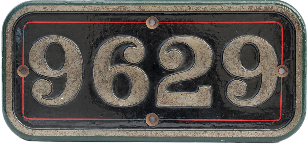 GWR cast iron cabside numberplate 9629 ex Collett 0-6-0 PT. Built at Swindon in 1945. Allocations