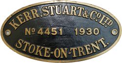 Worksplate KERR STUART & CO LTD STOKE-ON-TRENT No4451 1930 ex GWR 0-6-0PT No7716. A long time 83C
