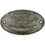 Diesel worksplate oval cast iron BUILT 1955 DARLINGTON ex BR Class 08 0-6-0 DM in the number