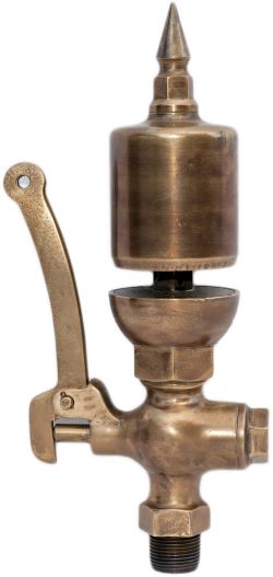 Brass steam locomotive whistle complete with valve and operating lever, stands 11.5in tall and the