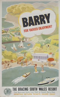 Poster GWR BARRY FOR VARIED ENJOYMENT THE BRACING SOUTH WALES RESORT by Geoffrey Evans. Double Royal