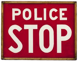 Motoring road sign POLICE STOP, brass framed with glass panels. Measures 12.5in x 10in and is in