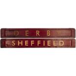 BR(M) wooden carriage board DERBY-SHEFFIELD painted straw on maroon and measuring 32in long. In good
