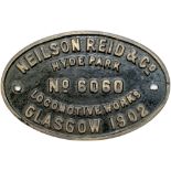 Worksplate NEILSON REID & CO LOCOMOTIVE WORKS GLASGOW HYDE PARK No6060 1902 ex GCR J11 0-6-0 No998