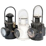 LNER/BR(E) locomotive headlamps x3, all complete with reservoirs, burners, reflectors and red flip