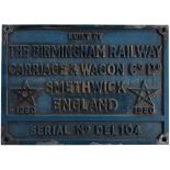 Diesel worksplate BUILT BY THE BIRMINGHAM RAILWAY CARRIAGE & WAGON CO LTD SMETHWICK ENGLAND 1960