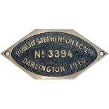 Worksplate Robert Stephenson & Co Ltd Darlington 1910 No 3394. Ex Rhymney Rly Hurry Riches A1 0-6-2T