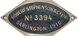 Worksplate Robert Stephenson & Co Ltd Darlington 1910 No 3394. Ex Rhymney Rly Hurry Riches A1 0-6-2T