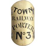 Railway brass armband TOWN RAILWAY PORTER NO3, hand engraved wax filled brass. Measures 6.5in x