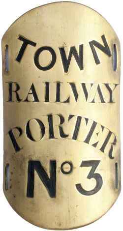 Railway brass armband TOWN RAILWAY PORTER NO3, hand engraved wax filled brass. Measures 6.5in x