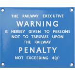 BR(SC) enamel TRESPASS sign THE RAILWAY EXECUTIVE WARNING etc. In virtually mint condition