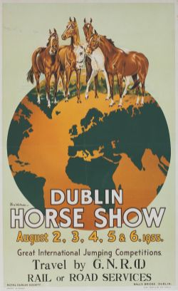 Poster GNR(I) DUBLIN HORSE SHOW OF THE YEAR 1955 by Olive Whitmore. Double Royal 25in x 40in.