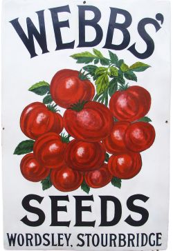 Advertising enamel sign WEBBS' SEEDS WORDSLEY STOURBRIDGE. Pictorial image of Tomatoes, measures