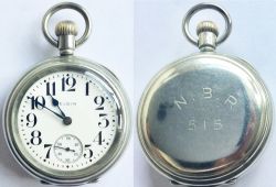 North British Railway guards pocket watch by Elgin. In a Nickel Dennison case with an American Elgin