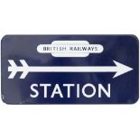 BR(E) enamel direction sign STATION with BRITISH RAILWAYS in totem and right facing arrow.