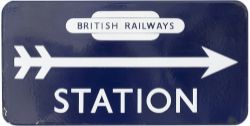 BR(E) enamel direction sign STATION with BRITISH RAILWAYS in totem and right facing arrow.