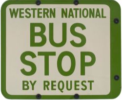 Bus motoring enamel sign WESTERN NATIONAL BUS STOP BY REQUEST measuring 12.75in x 10.5in. In