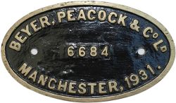 Worksplate BEYER PEACOCK & CO LD MANCHESTER 6684 1931 ex GWR 0-6-0PT 8704. Sheds include Chester,