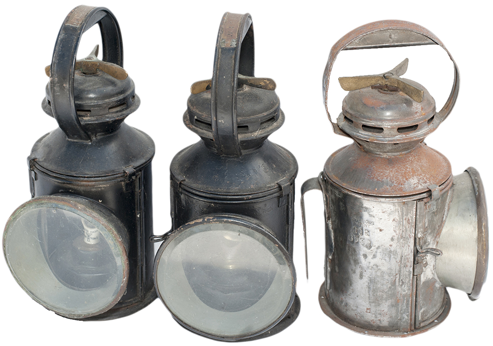 Three Australian 3 aspect Appleton Patent handlamps: 2 brass plated W.A.G.R. (Western Australian