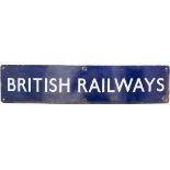 BR(E) enamel double royal poster board heading BRITISH RAILWAYS in full. Measures 25.5in x 5.75in