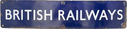 BR(E) enamel double royal poster board heading BRITISH RAILWAYS in full. Measures 25.5in x 5.75in