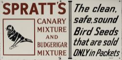 Enamel advertising sign SPRATT'S CANARY AND BUDGERIGAR MIXTURE. Measures 24in x 12in and is in