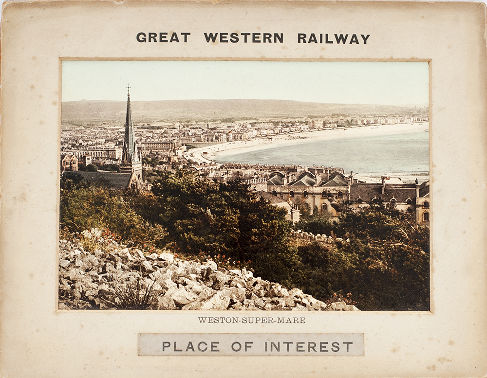 GWR card mounted carriage panel print GREAT WESTERN RAILWAY WESTON-SUPER-MARE PLACE OF INTEREST.