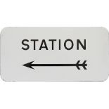 BR enamel direction sign STATION with left facing arrow measuring 21in x 10in. Black on white enamel
