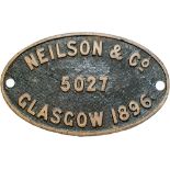 Worksplate NEILSON & CO GLASGOW 5027 1896 ex GNR J52 0-6-0ST No1056 LNER 4056/8793 BR 68793. Sheds