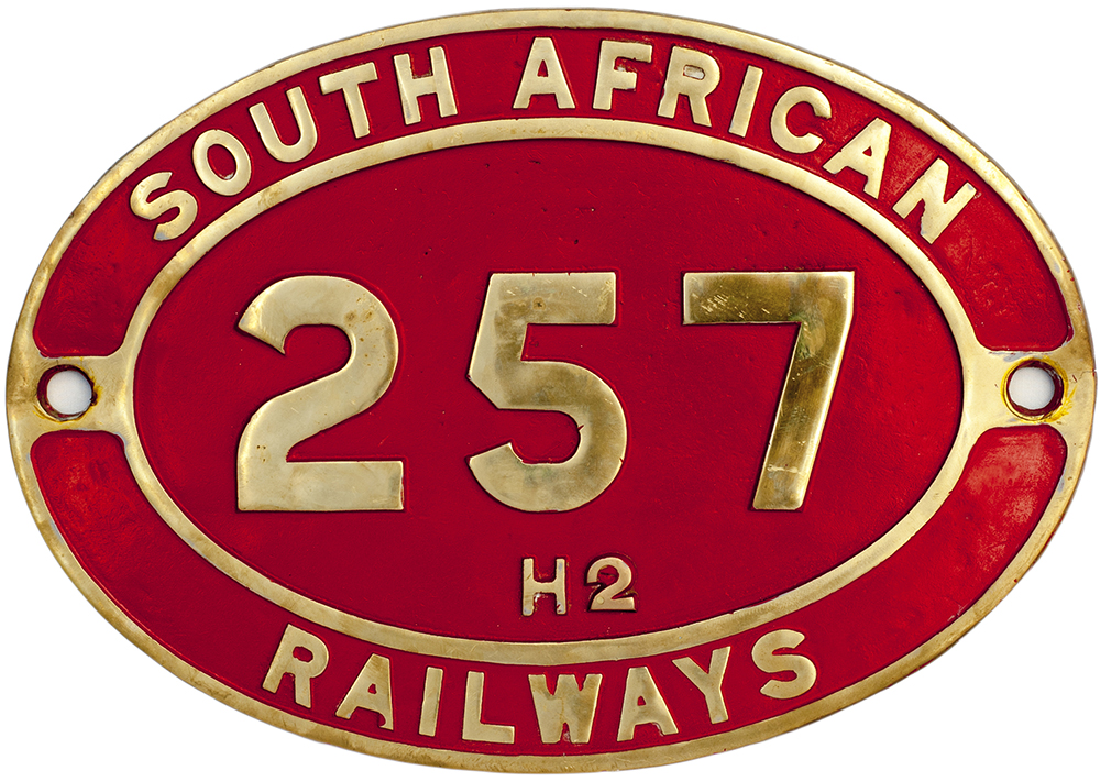 South African brass cabside numberplate SOUTH AFRICAN RAILWAYS 257 H2 ex 4-10-2T built by Dubbs & Co
