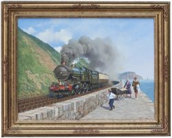 Original oil painting on canvas KING GEORGE V ON THE CORNISH RIVIERA EXPRESS ALONG THE SEA WALL AT