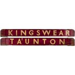 GWR/BR-W wooden carriage board KINGSWEAR - TAUNTON painted straw on maroon and measuring 32in