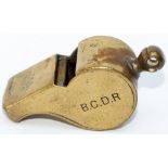 Belfast and County Down Railway brass permanent way whistle, stamped on the side B.C.D.R P.WAY 135