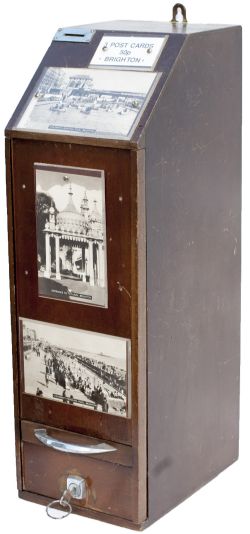 Wooden postcard dispenser with three views of Brighton on the front, including; The childrens'
