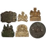 Brass safe makers plates x6: WHIFFIELDS PATENT; JOHN & JOS TAUNTON BIRMINGHAM; HIPKINS DUDLEY;