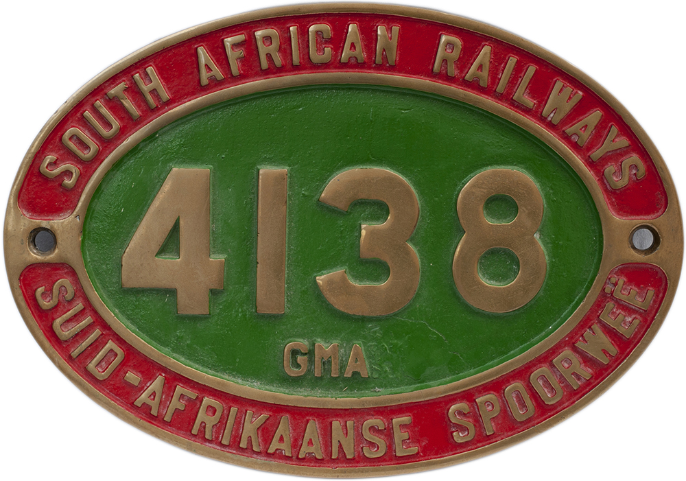 South African Railways cabside numberplate 4138 GMA SOUTH AFRICAN RAILWAYS SUID-AFRIKANESE SPOORWEE.